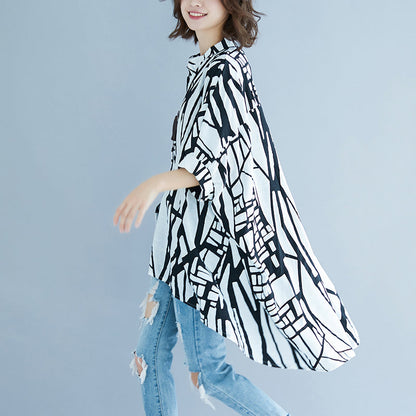 women striped natural cotton linen t shirt plus size casual cardigans Elegant Batwing Sleeve Stand brief t shirt