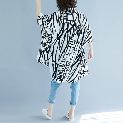 women striped natural cotton linen t shirt plus size casual cardigans Elegant Batwing Sleeve Stand brief t shirt