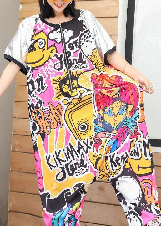 women summer blended floral pants plus size patchwork color short sleeve jumpsuit pants - SooLinen