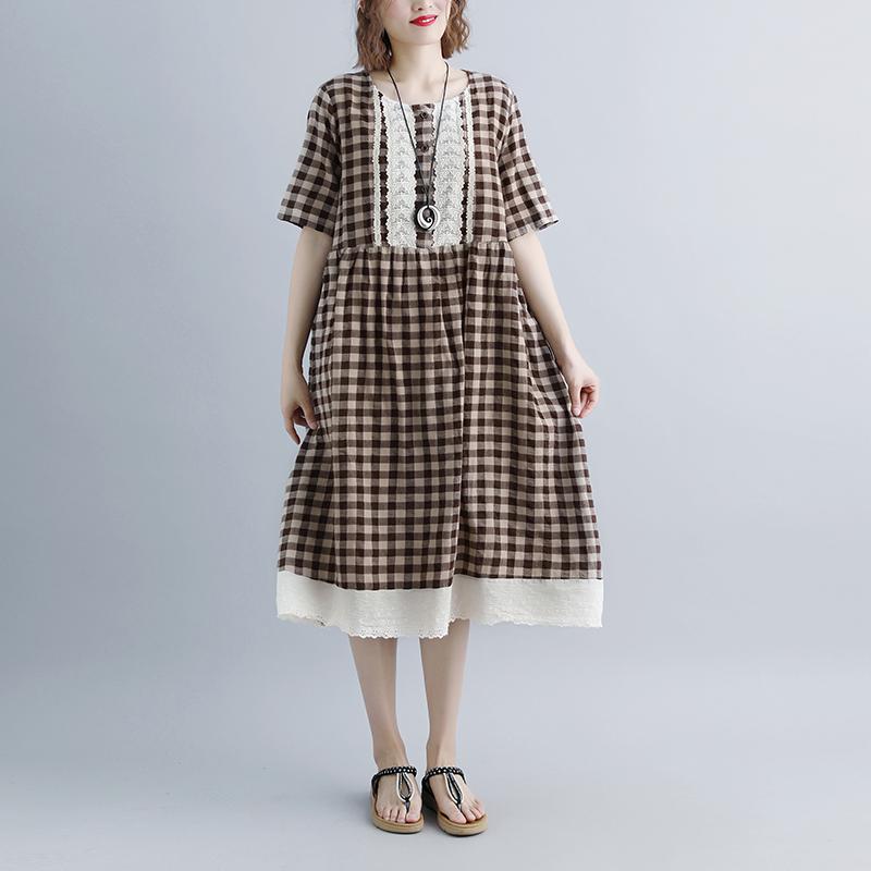 Damen Sommerkleider lässig Schnürung Kurzarm Plaid Taschen Retro Casual Dress