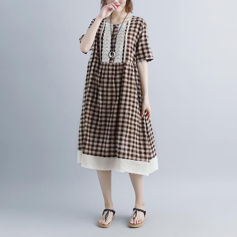 Damen Sommerkleider lässig Schnürung Kurzarm Plaid Taschen Retro Casual Dress