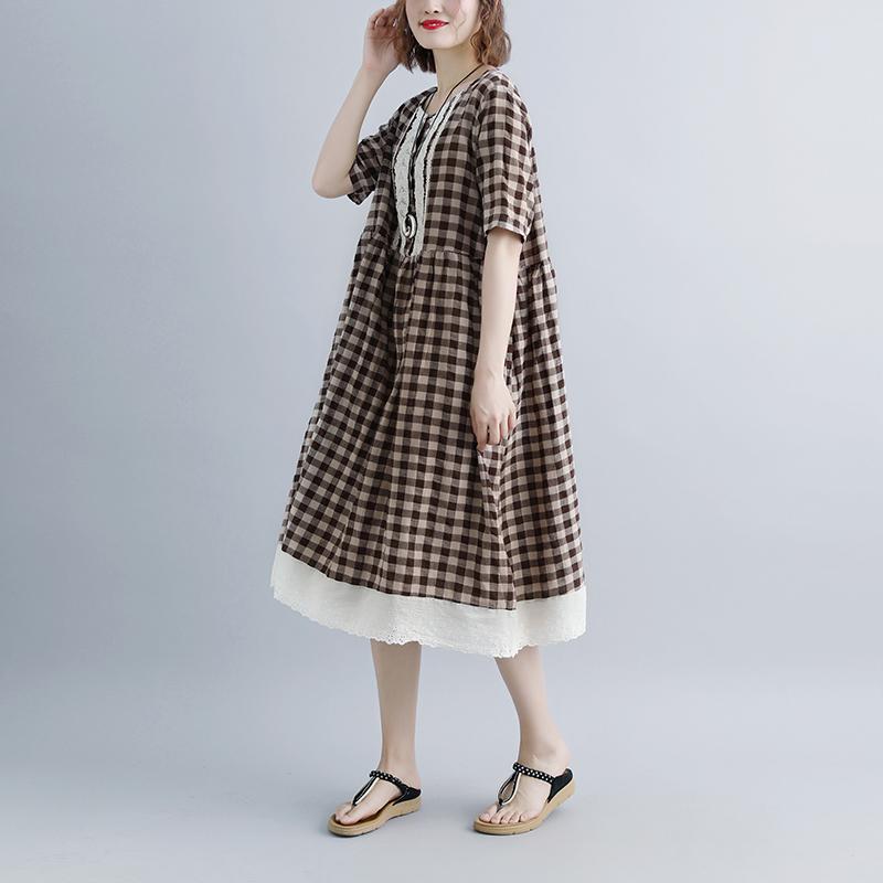 Damen Sommerkleider lässig Schnürung Kurzarm Plaid Taschen Retro Casual Dress