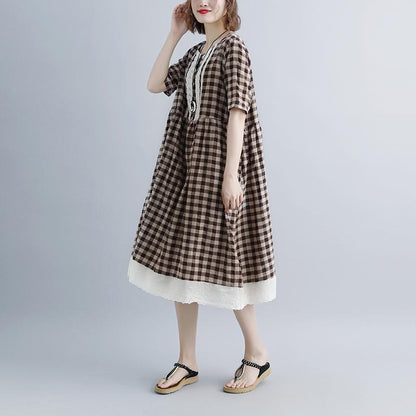 Damen Sommerkleider lässig Schnürung Kurzarm Plaid Taschen Retro Casual Dress