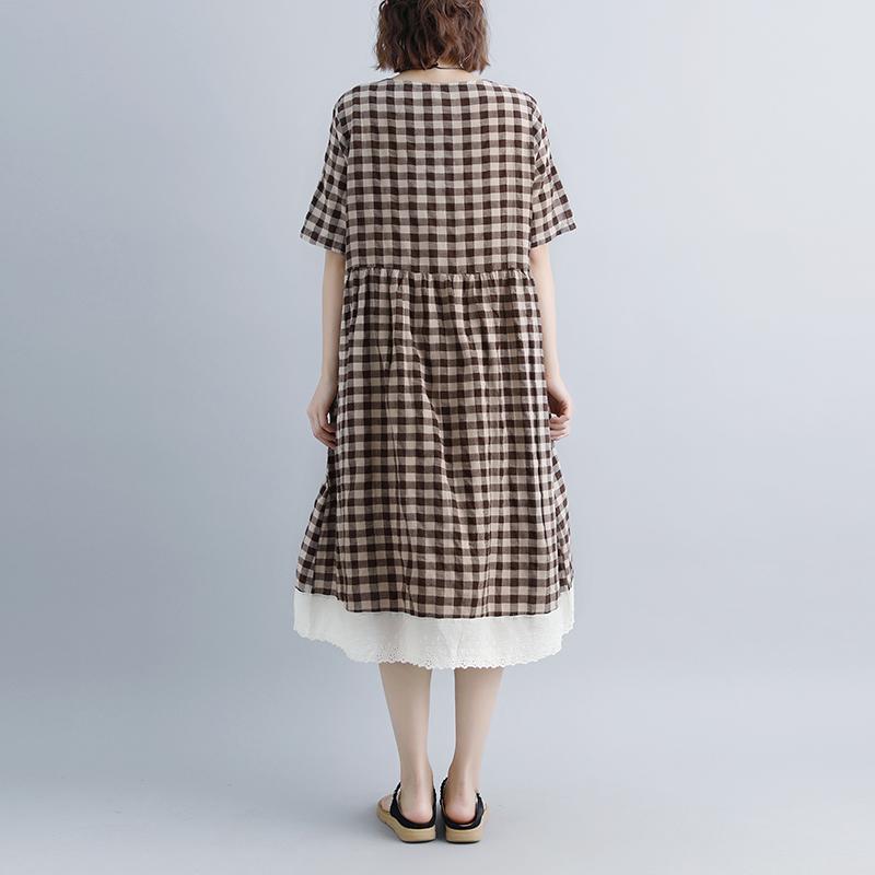 Damen Sommerkleider lässig Schnürung Kurzarm Plaid Taschen Retro Casual Dress