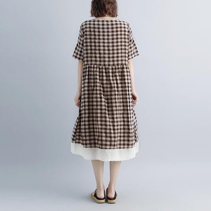 Damen Sommerkleider lässig Schnürung Kurzarm Plaid Taschen Retro Casual Dress