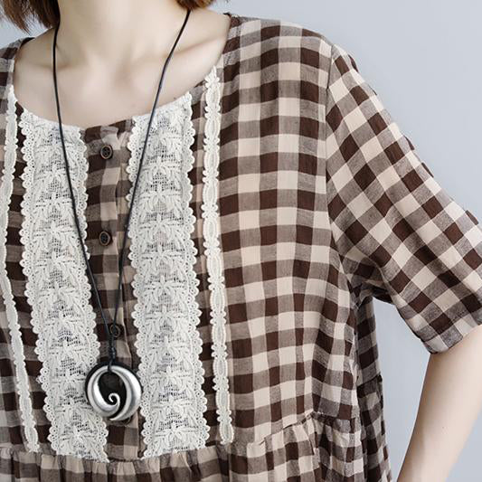 Damen Sommerkleider lässig Schnürung Kurzarm Plaid Taschen Retro Casual Dress