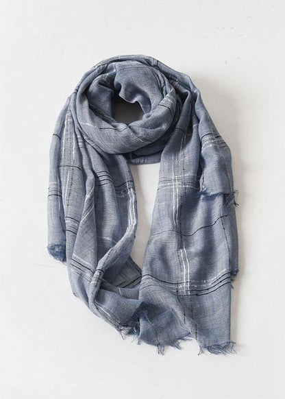 women tassel dark blue cotton linen big scarf casual vintage scarves - SooLinen