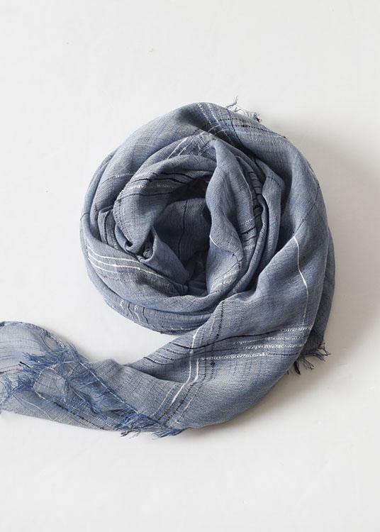 women tassel dark blue cotton linen big scarf casual vintage scarves - SooLinen