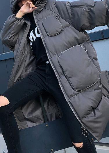 women trendy plus size winter jacket overcoat gray hooded zippered women parka - SooLinen