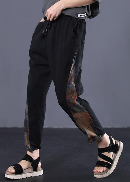 women vintage side prints cotton loose trousers black elastic waist casual pants - SooLinen