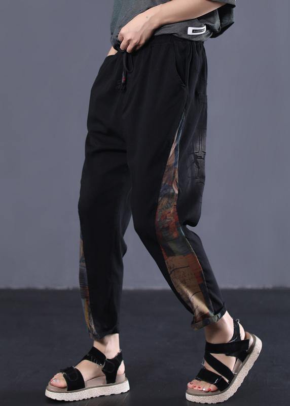 women vintage side prints cotton loose trousers black elastic waist casual pants - SooLinen