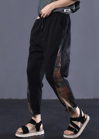 women vintage side prints cotton loose trousers black elastic waist casual pants - SooLinen