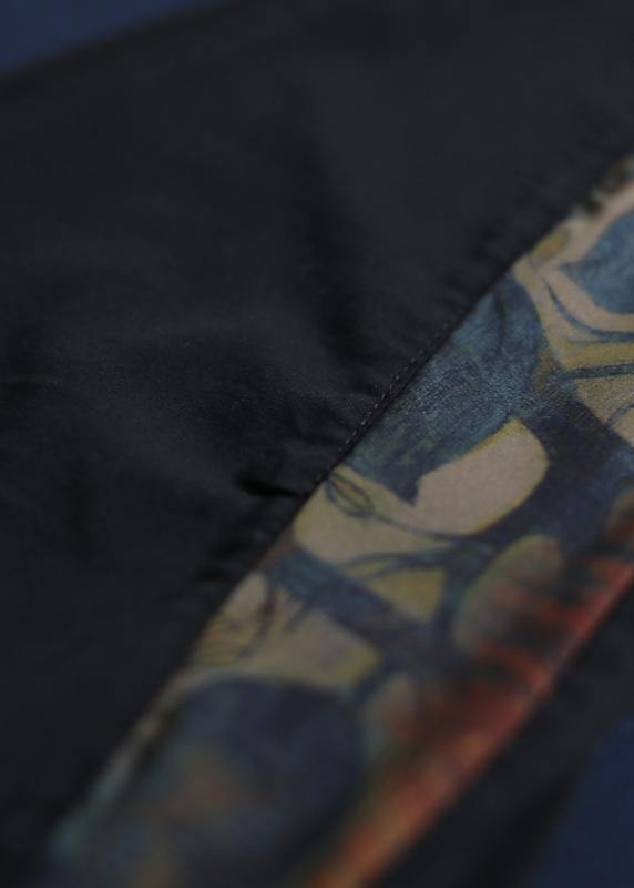 women vintage side prints cotton loose trousers black elastic waist casual pants - SooLinen