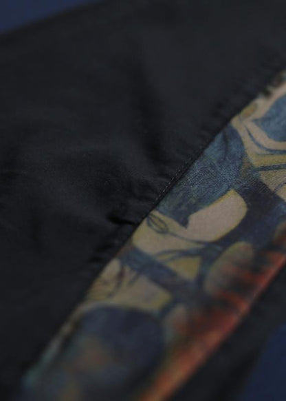 women vintage side prints cotton loose trousers black elastic waist casual pants - SooLinen