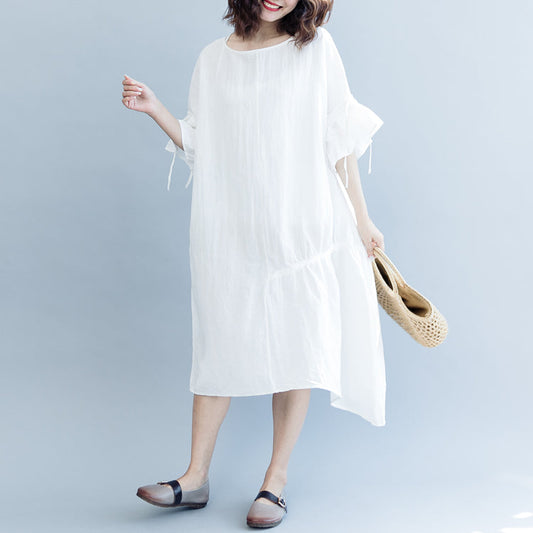 Weißes langes Baumwoll-Leinen-Kleid für Damen in Übergröße mit Rundhalsausschnitt und Kordelzug, Kaftane mit feinen Blütenblattärmeln, Baggy-Kleider