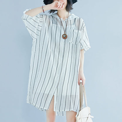 Frauen weiß reine baumwolle kleid casual kleid frauen langarm Mit Kapuze gestreiften kleidung kleid