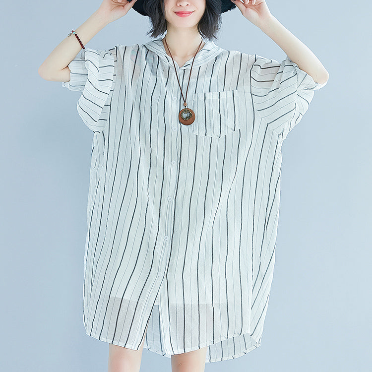 Frauen weiß reine baumwolle kleid casual kleid frauen langarm Mit Kapuze gestreiften kleidung kleid