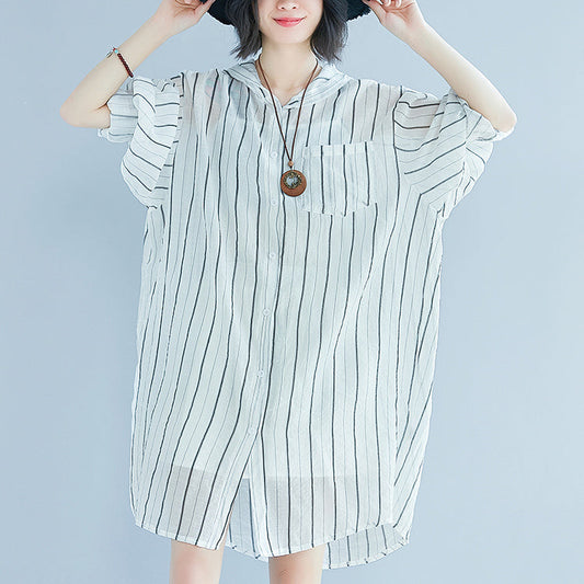 Frauen weiß reine baumwolle kleid casual kleid frauen langarm Mit Kapuze gestreiften kleidung kleid