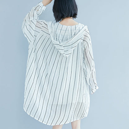 Frauen weiß reine baumwolle kleid casual kleid frauen langarm Mit Kapuze gestreiften kleidung kleid