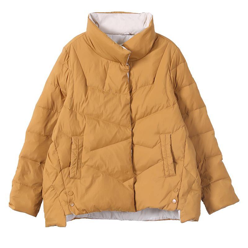 women yellow duck down coat Loose fitting snow jackets stand collar pockets Luxury overcoat - SooLinen
