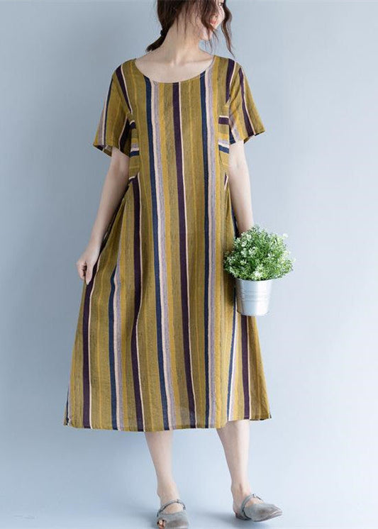 Gelbes langes Baumwoll-Leinen-Kleid für Damen, trendig, Übergröße, Rundhalsausschnitt, Reisekleidung, fein gestreifte Kurzarm-Kaftane aus Baumwoll-Leinen