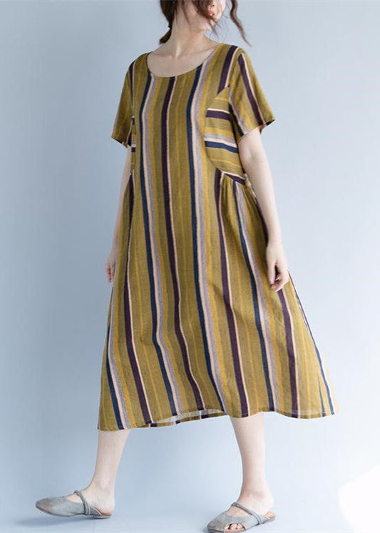 Gelbes langes Baumwoll-Leinen-Kleid für Damen, trendig, Übergröße, Rundhalsausschnitt, Reisekleidung, fein gestreifte Kurzarm-Kaftane aus Baumwoll-Leinen