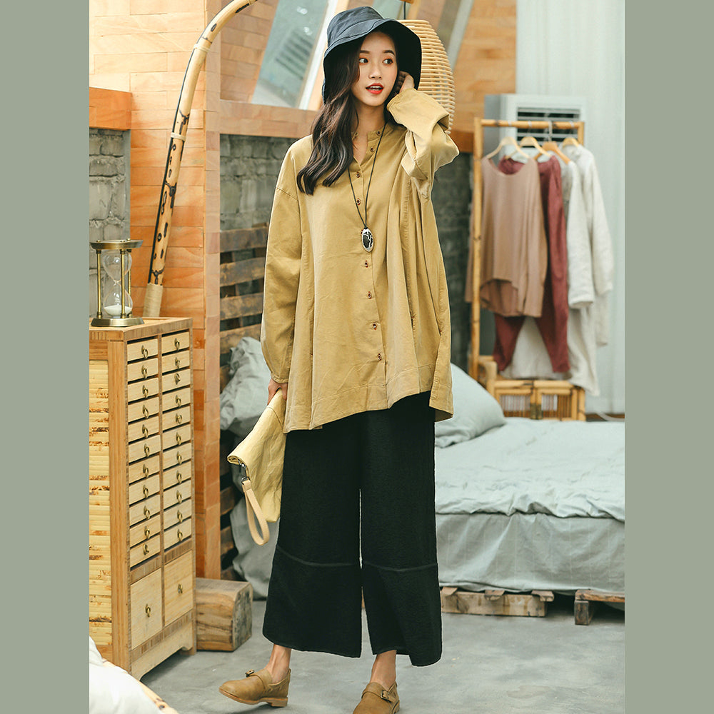 Gelbes Hemd für Frauen in Übergröße, Stehkragen, Baggy-T-Shirts 2018, seitlich offene Kleidung, Oberteile