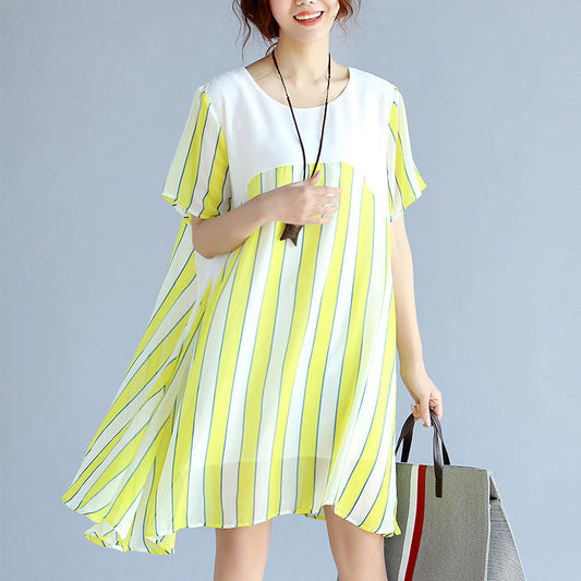 Gelb gestreiftes Chiffonkleid für Frauen, übergroßes Chiffon-Patchwork, O-Ausschnitt, Chiffon-Kleidung