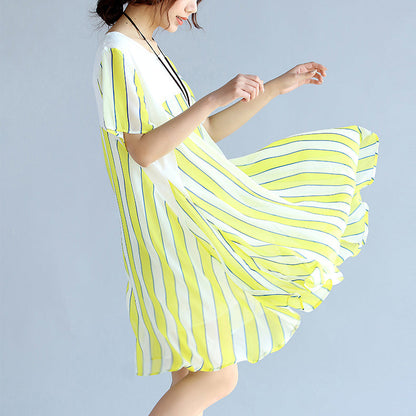 Gelb gestreiftes Chiffonkleid für Frauen, übergroßes Chiffon-Patchwork, O-Ausschnitt, Chiffon-Kleidung