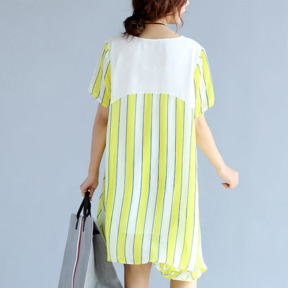 Gelb gestreiftes Chiffonkleid für Frauen, übergroßes Chiffon-Patchwork, O-Ausschnitt, Chiffon-Kleidung