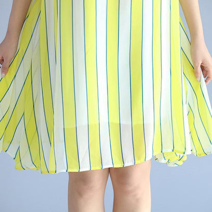 Gelb gestreiftes Chiffonkleid für Frauen, übergroßes Chiffon-Patchwork, O-Ausschnitt, Chiffon-Kleidung