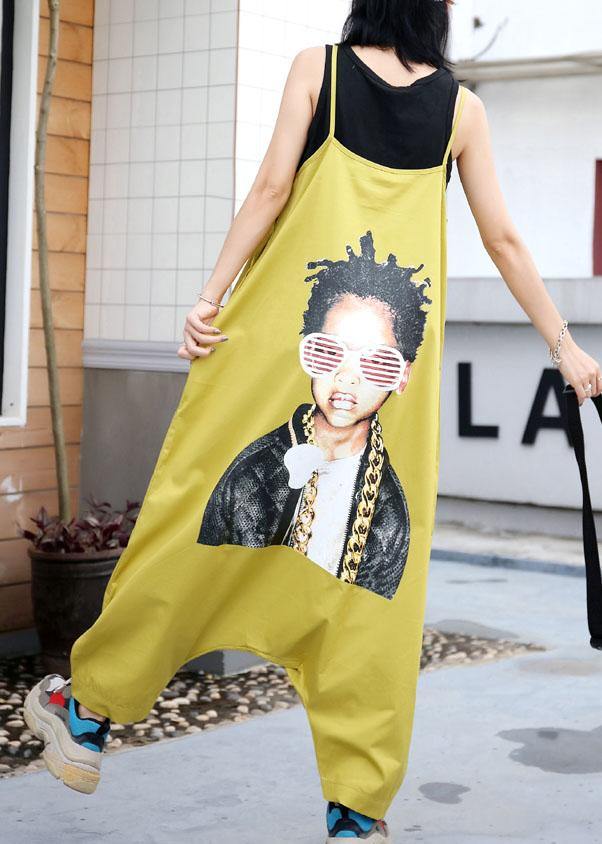 yellow casual prints strap pants plus size women jumpsuit pants - SooLinen