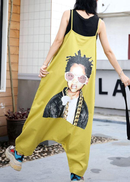 yellow casual prints strap pants plus size women jumpsuit pants - SooLinen